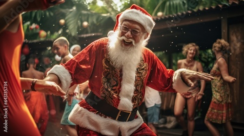 Santa Claus joining a festive island dance, surrounded by joyful locals