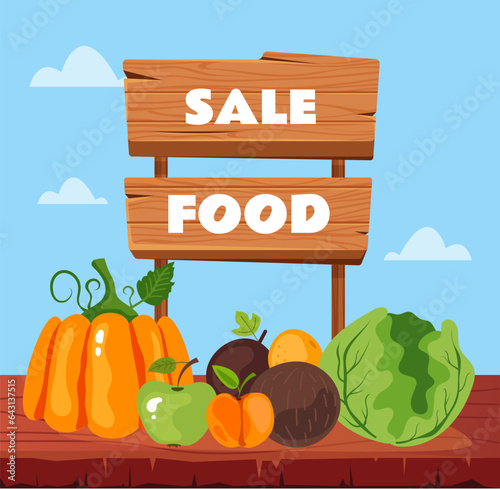 Fruit vegetable box market sale farmer shop banner concept. Vector flat graphic design illustration