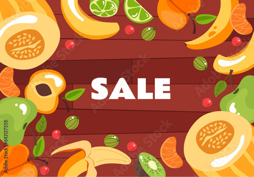 Fruit vegetable box market sale farmer shop banner concept. Vector flat graphic design illustration