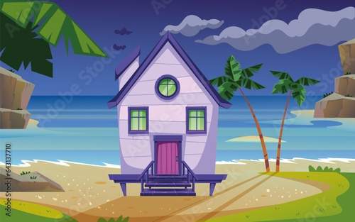 Night beach island sea bungalow hotel concept. Vector flat graphic design illustration