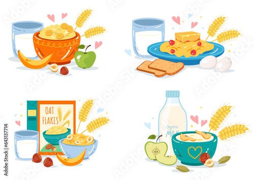 Cereal milk healthy oatmeal breakfast isolated set. Vector flat graphic design illustration