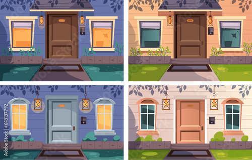 Night day house home facade morning isolated set. Vector flat graphic design illustration 