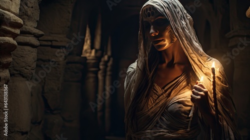 Model embodying a cursed mummy, with intricately wrapped bandages, standing in an ancient, crypt-like setting
