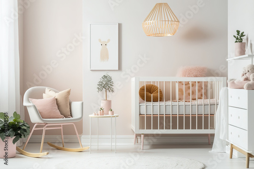 White nursery with crib, carpet, chair, poster, and lamp. Generative AI