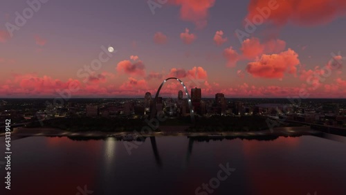 The Gateway Arch - Aerial view at dusk of the city of St. Louis. Mississippi River in Missouri. United States photo