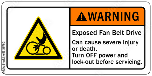 Machinery service instruction sign and labels exposed fan belt drive. Can cause severe industry or death. Turn off power and lock out before servicing