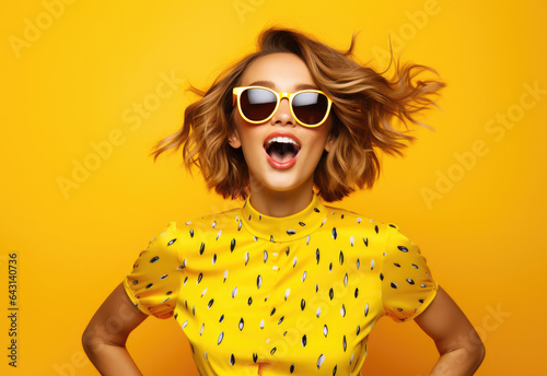 Print op canvas Dynamisches Bild von einer jungen Frau mit Sonnenbrille und gelben Oberteil vor