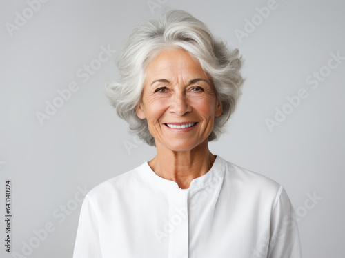Stampa su tela eine ältere Dame vor weißem Hintergrund mit grauen Haaren und hellem Oberteil lä
