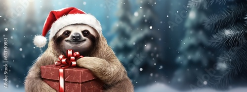 Cartoon smiling sloth in santa hat holding gift on winter background