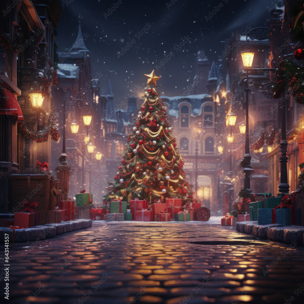 Obraz premium Cinematic decorated Christmas tree in center town square at night 