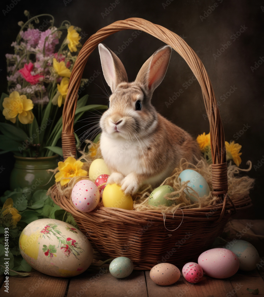 Colorful Easter eggs in basket nest with cute bunny rabbit Colorful Easter eggs in basket nest with cute bunny rabbit