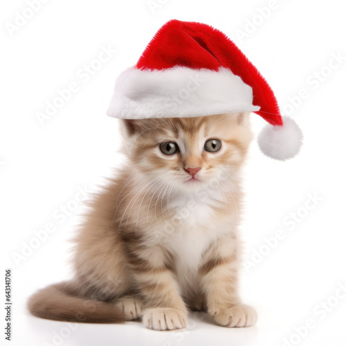 Closeup of cute kitten in red Santa hat isolated on white background 