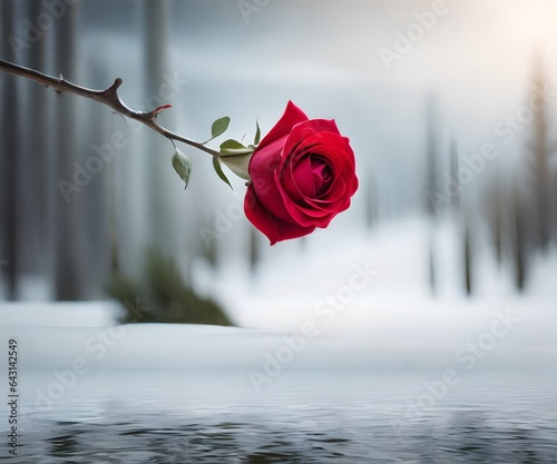A single red rose on single branch with white background. Generative AI photo