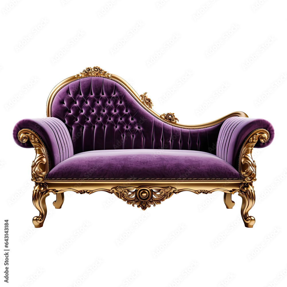 a purple velvet fainting couch with gold trim isolated on a transparent ...