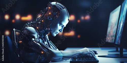 A robot sits at a laptop working in the office at the computer with a blue screen that says' artificial intelligence black background © Haleema