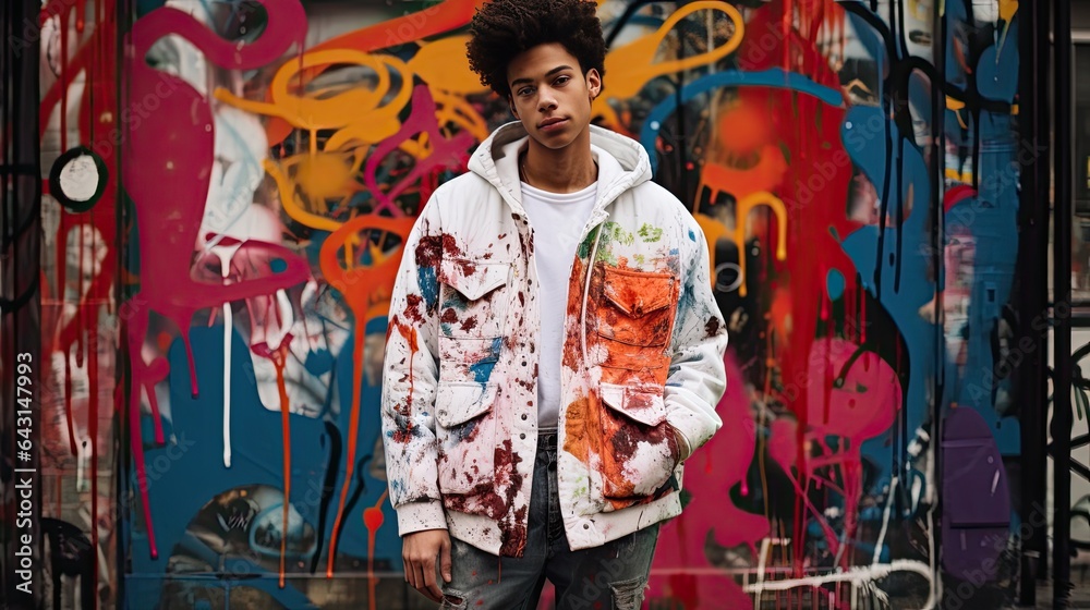 Model showcasing a trendy oversized jacket and ripped jeans, leaning against a graffiti-covered wall.