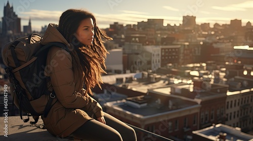 Model leaning over a rooftop, with the cityscape below, sporting a chic backpack and casual wear.