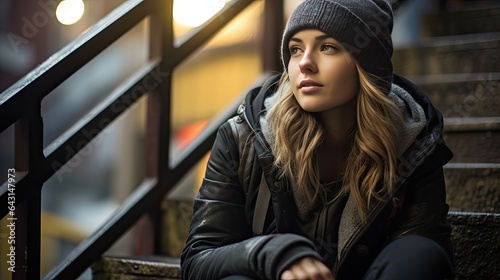 Model seated on urban stairs, sporting a beanie and layered necklaces, with bustling city life behind.