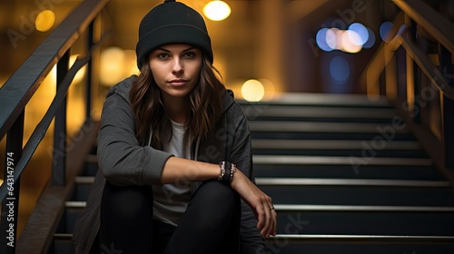 Model seated on urban stairs, sporting a beanie and layered necklaces, with bustling city life behind.