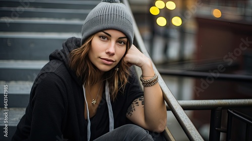 Model seated on urban stairs, sporting a beanie and layered necklaces, with bustling city life behind.