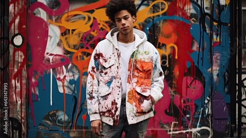 Model showcasing a trendy oversized jacket and ripped jeans, leaning against a graffiti-covered wall. © Filip