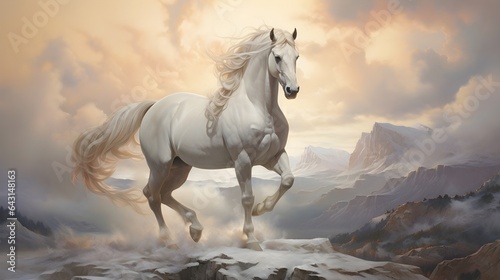 Powerful White Horse Prancing on Rocky Cliff with Cloudy Mountains. Generative AI