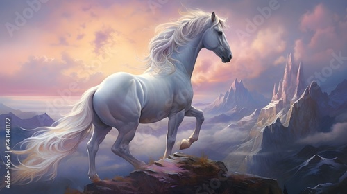 A Majestic White Horse on a Mountain Cliff. Generative AI