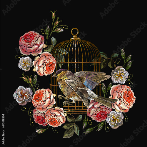 Golden birds cage, buds of wild pink roses and birds. Freedom concept. Spring fashion art, fashion template for design of clothes, t-shirt