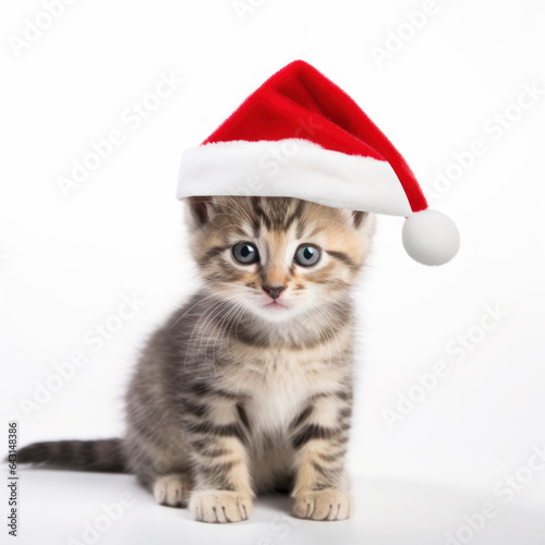 Closeup of cute kitten in red Santa hat isolated on white background  © Lynne Ann Mitchell