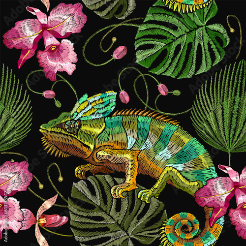 Chameleon and tropical pink orchids paradise flower, seamless pattern. Embroidery. Tropical template for clothes, textiles, t-shirt design