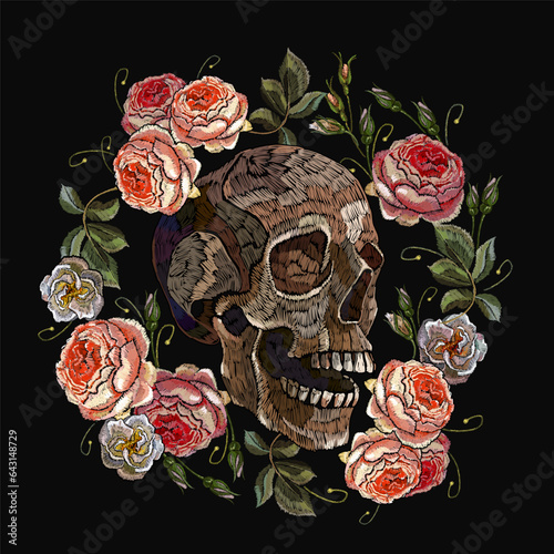 Embroidery human skull and red roses flowers. Dark gothic art. Halloween medieval style. Fashion clothes template and t-shirt design