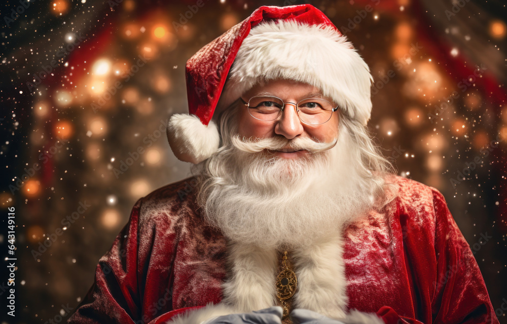 Santa Claus in golden bokeh lighting with copy space Santa Claus in golden bokeh lighting with copy space