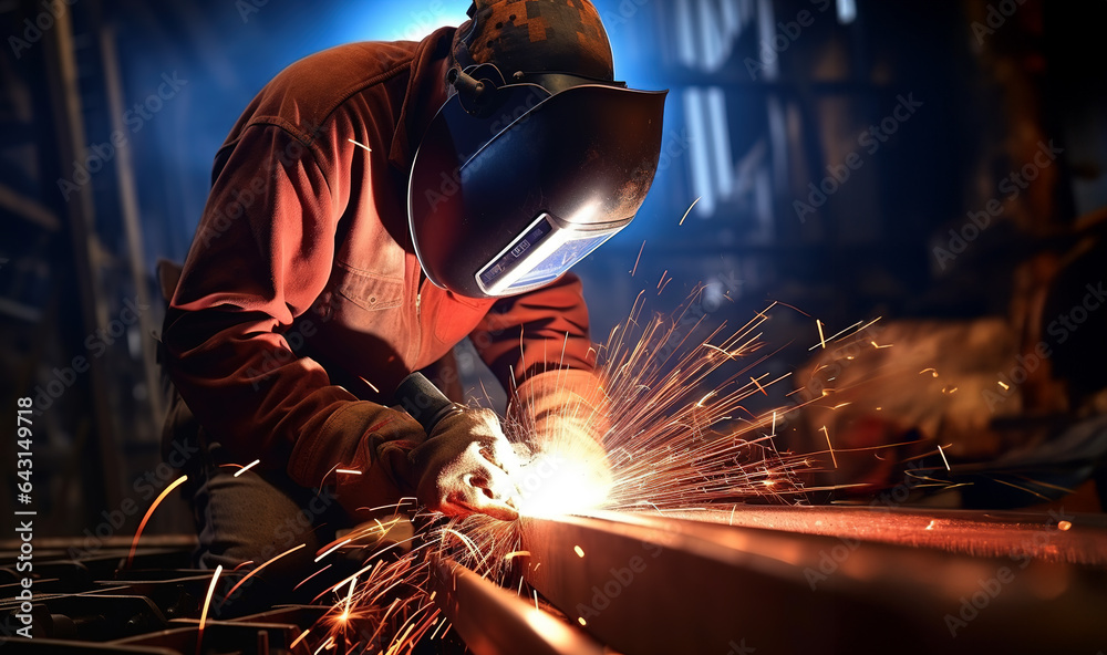 Industrial worker using angle grinder and cutting a metal. Contractor in safety uniform and hardhat manufacturing metal structures at Heavy industry engineering factory. - obrazy, fototapety, plakaty 