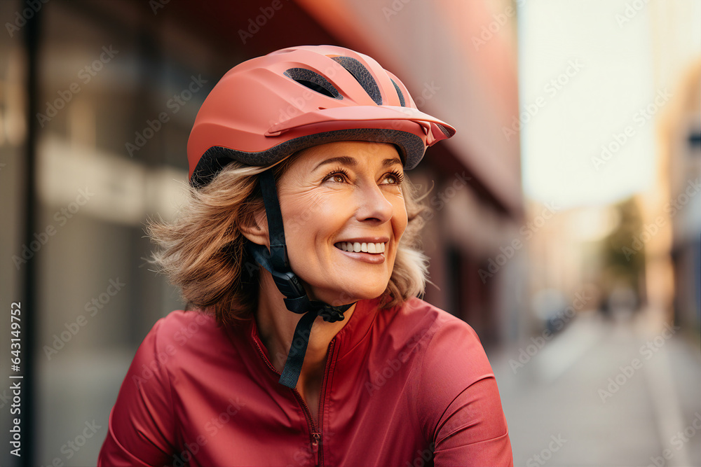 Generative AI picture of happy beautiful lady in protective helmet riding bike exploring new city enjoying nature outdoors Generative AI picture of happy beautiful lady in protective helmet riding bike exploring new city enjoying nature outdoors
