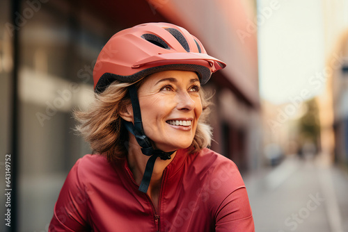 Generative AI picture of happy beautiful lady in protective helmet riding bike exploring new city enjoying nature outdoors