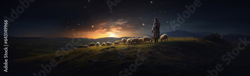 Photo Long banner of shepherd tending his sheep at night under the stars