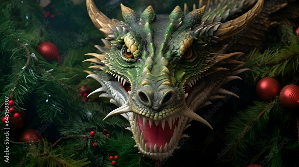 European classic green dragon - symbol of the new year on background of christmas tree with decorations