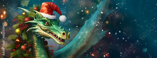 Green christmas dragon - symbol of the new year, in a santa's hat