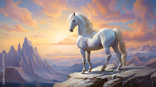 Fantastical Digital Painting of a White Horse on a Snowy Mountain Cliff. Generative AI