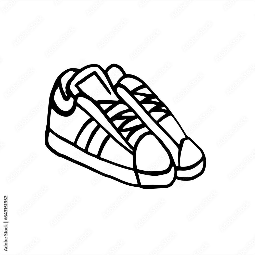 A pair of hand-drawn sneakers. Black and white vector illustration. Isolated objects on a white background.