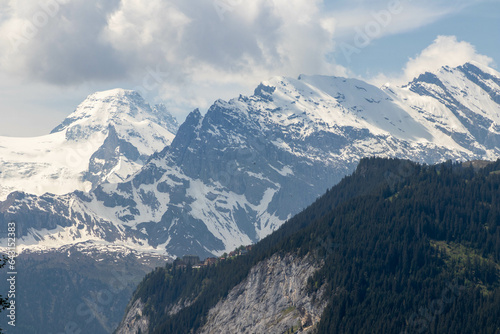 The Swiss Alps and Snow covered Mountains in the background in Switzerland in Summer