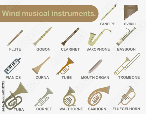 A set of wind musical instruments. Colored wind musical instruments with the title.