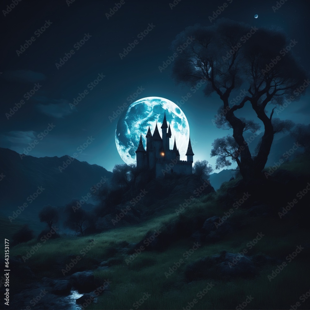 Eerie haunted castle under the moonlight. Perfect for Halloween promotions and spooky-themed events, setting a chilling atmosphere.