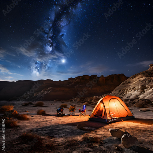 Camping tent in the desert at night with stars and the milky way galaxy in the sky. Generative ai. 