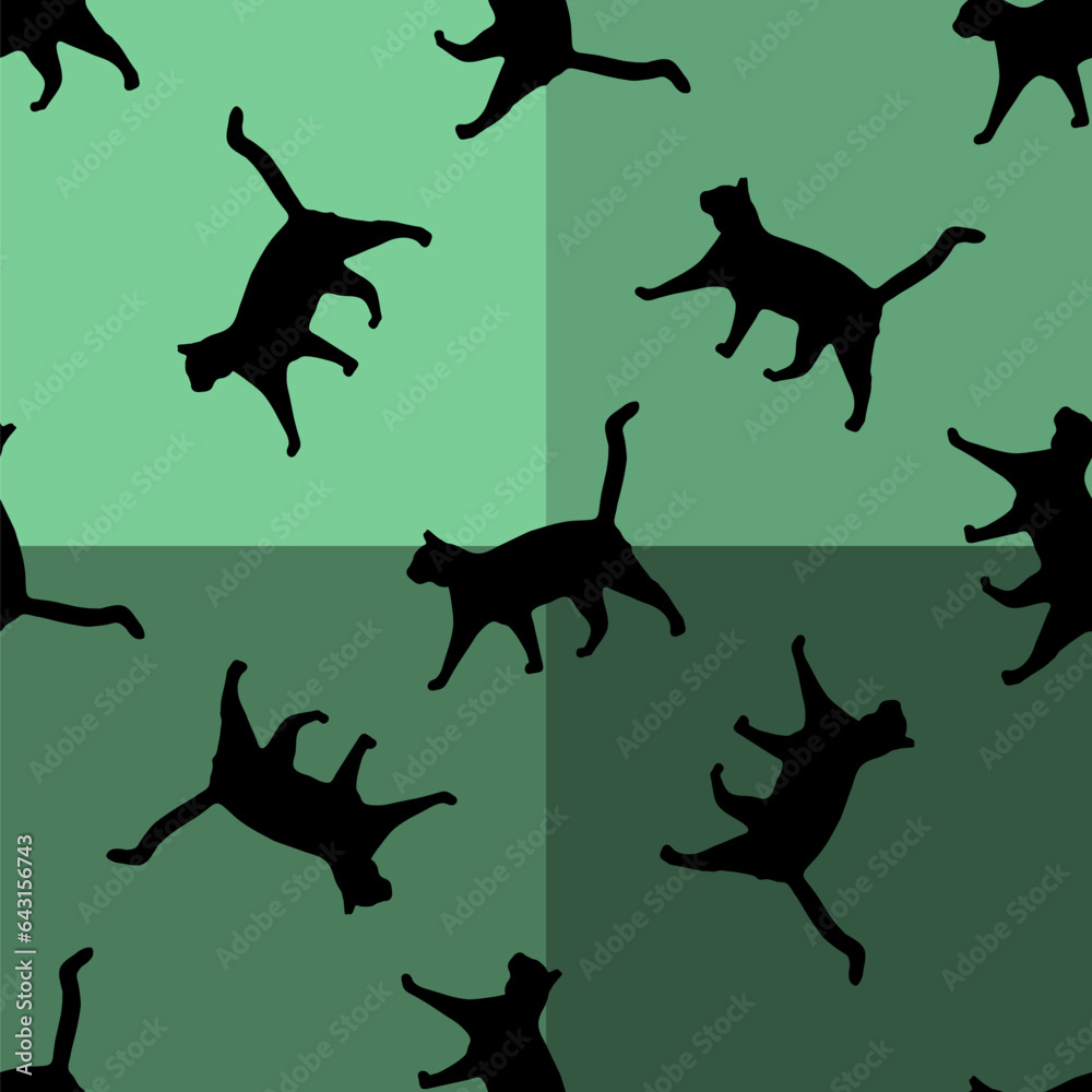 Walking cats seamless pattern for decoration. Fashion print green background. Hand draw illustration.