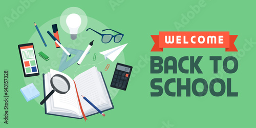 Welcome back to school banner with school supplies