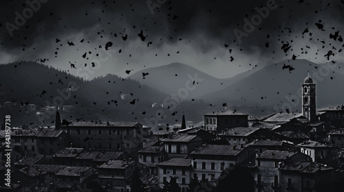 Ashfall from a volcanic eruption covering a deserted town, dark gray sky, ash on rooftops and cars, ash particles floating in the air