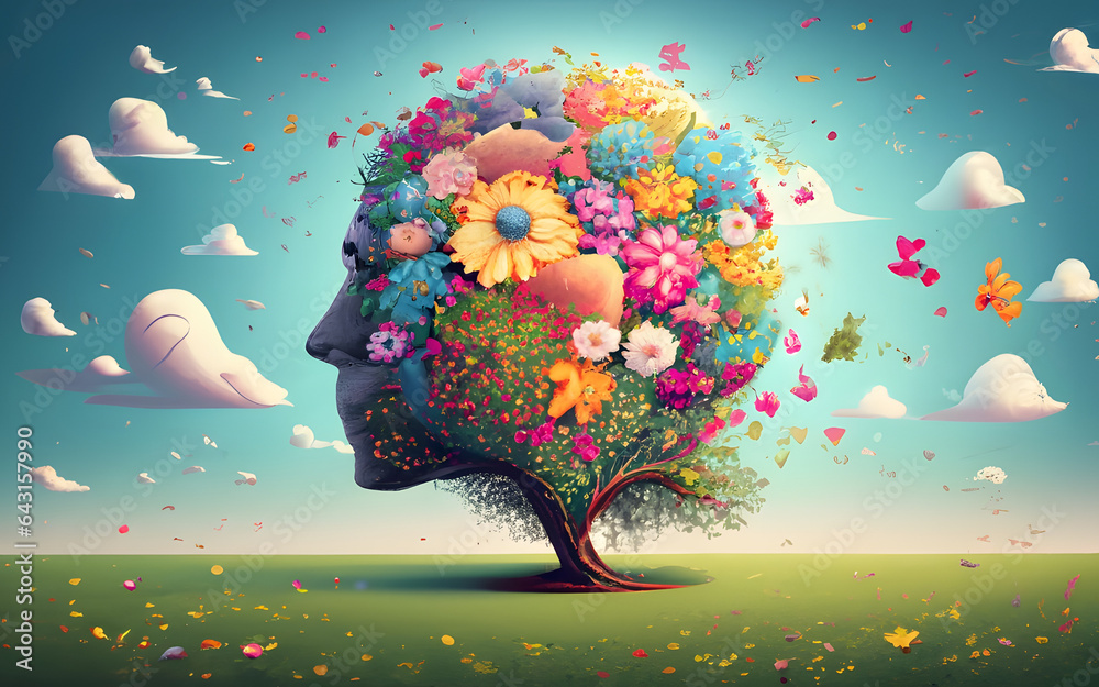 Human face tree with flowers, self care and mental health concept, positive thinking, creative mind illustration - obrazy, fototapety, plakaty 