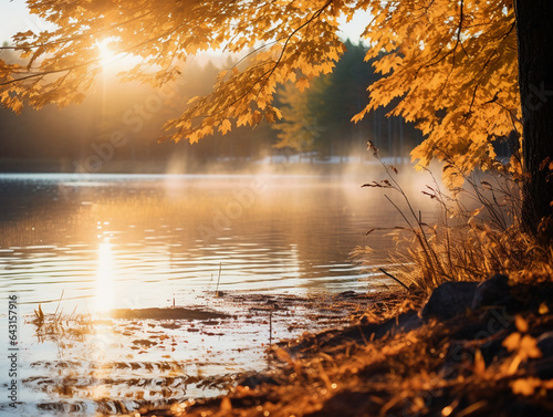 Autumn foliage bathed in golden sunlight, with a crystal - clear lake reflecting the changing colors, soft mist rising