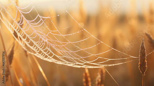 Gentle morning dew on a spider web, macro photography, vivid, soft backlighting, delicate and intricate